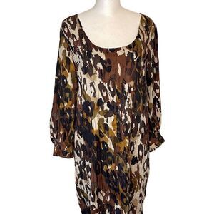 East Womens Animal Print Dress Long Sleeve Scoopneck Brown Size Large